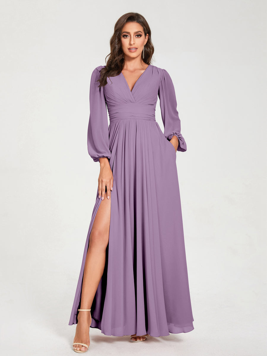 V-Neck A-Line Princess Floor-Length Bridesmaid Dress with Long Sleeves, Side Split & Pockets