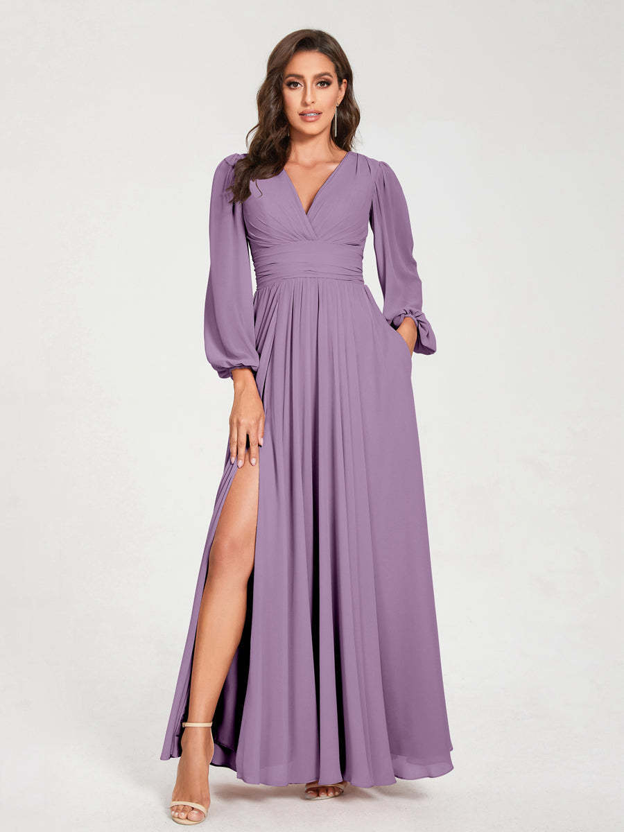 V-Neck A-Line Princess Floor-Length Bridesmaid Dress with Long Sleeves, Side Split & Pockets