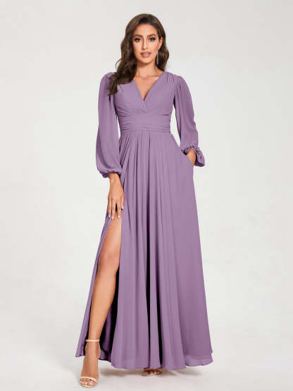 V-Neck A-Line Princess Floor-Length Bridesmaid Dress with Long Sleeves, Side Split & Pockets