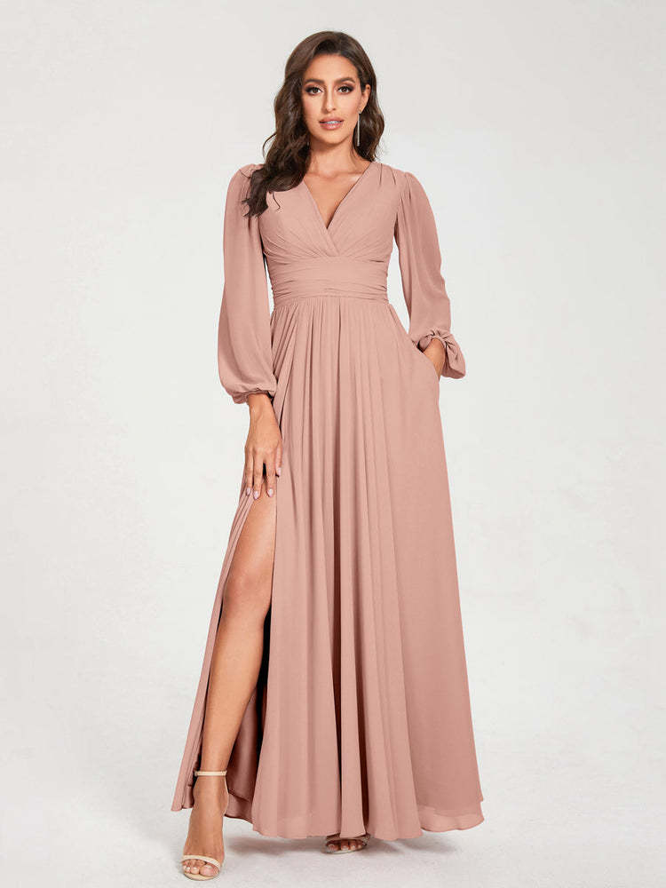 V-Neck A-Line Princess Floor-Length Bridesmaid Dress with Long Sleeves, Side Split & Pockets
