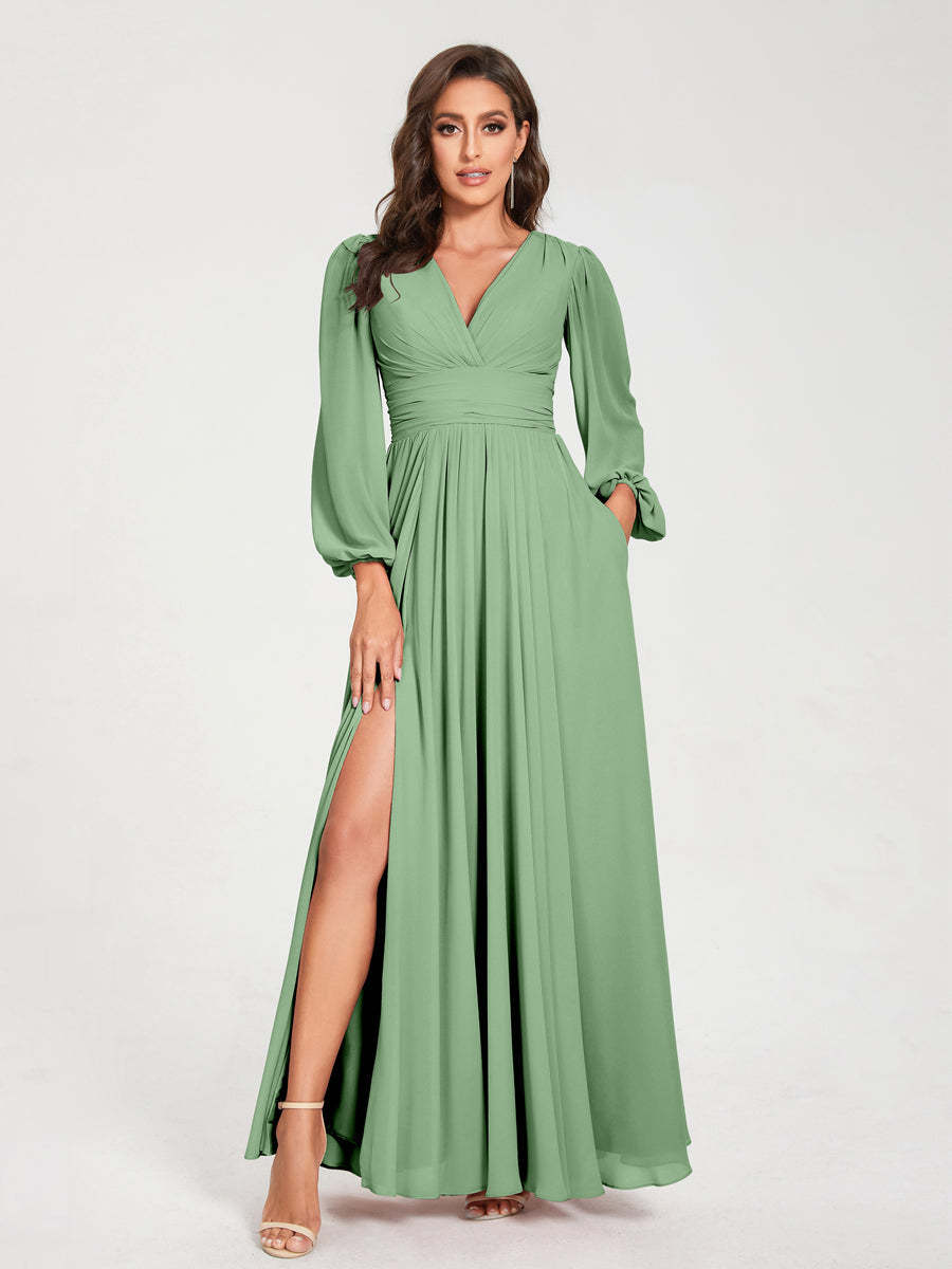 V-Neck A-Line Princess Floor-Length Bridesmaid Dress with Long Sleeves, Side Split & Pockets