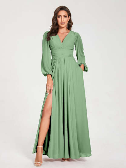 V-Neck A-Line Princess Floor-Length Bridesmaid Dress with Long Sleeves, Side Split & Pockets