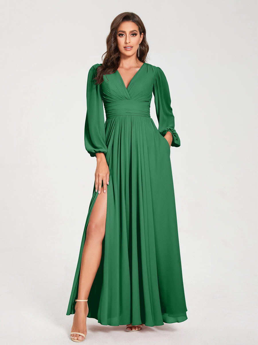 V-Neck A-Line Princess Floor-Length Bridesmaid Dress with Long Sleeves, Side Split & Pockets