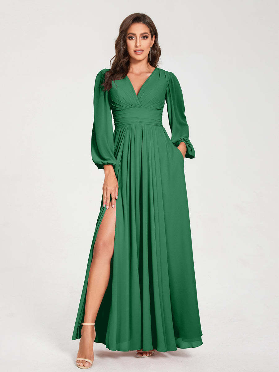 V-Neck A-Line Princess Floor-Length Bridesmaid Dress with Long Sleeves, Side Split & Pockets