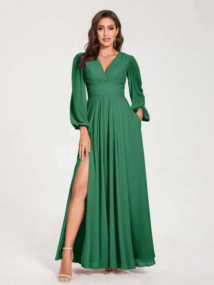 V-Neck A-Line Princess Floor-Length Bridesmaid Dress with Long Sleeves, Side Split & Pockets