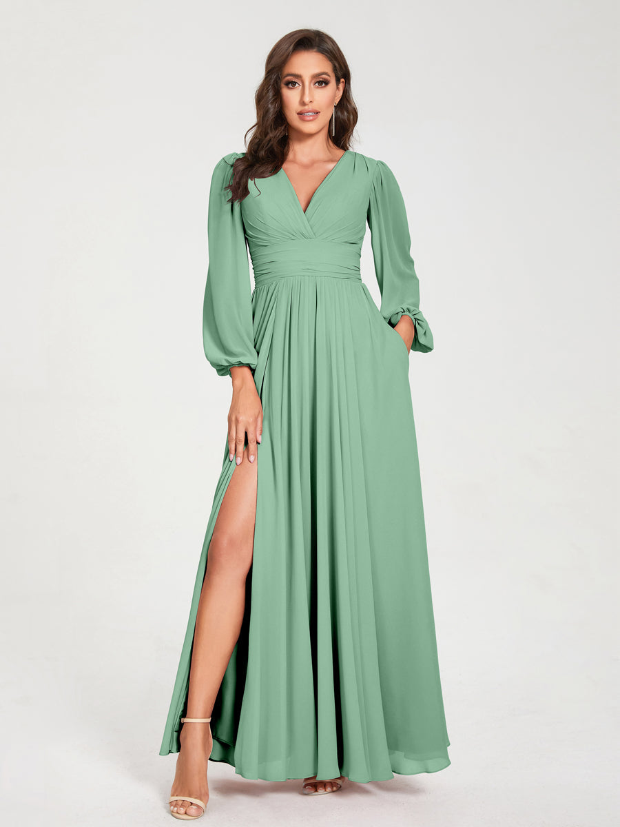 V-Neck A-Line Princess Floor-Length Bridesmaid Dress with Long Sleeves, Side Split & Pockets