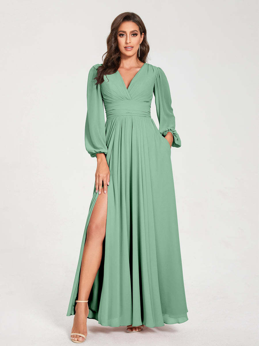 V-Neck A-Line Princess Floor-Length Bridesmaid Dress with Long Sleeves, Side Split & Pockets