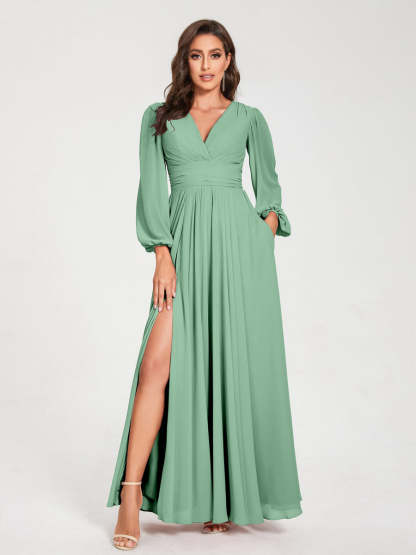 V-Neck A-Line Princess Floor-Length Bridesmaid Dress with Long Sleeves, Side Split & Pockets