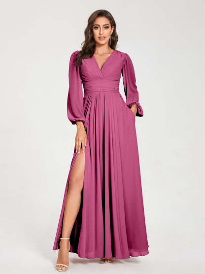 V-Neck A-Line Princess Floor-Length Bridesmaid Dress with Long Sleeves, Side Split & Pockets