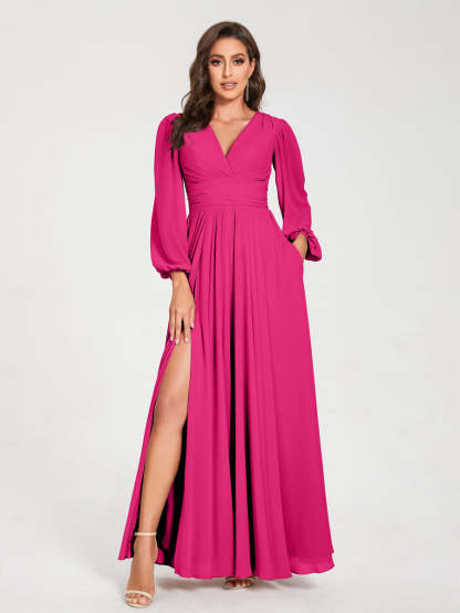 V-Neck A-Line Princess Floor-Length Bridesmaid Dress with Long Sleeves, Side Split & Pockets