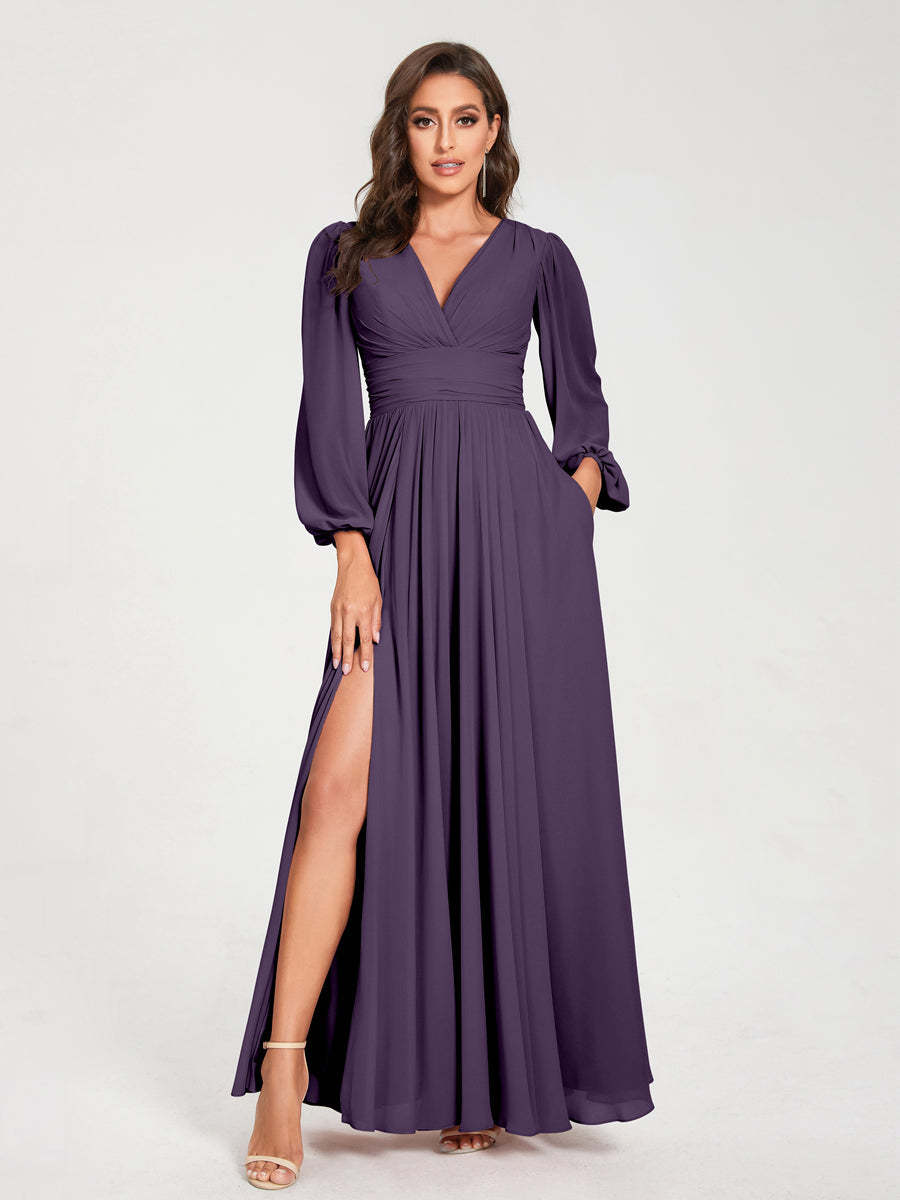 V-Neck A-Line Princess Floor-Length Bridesmaid Dress with Long Sleeves, Side Split & Pockets