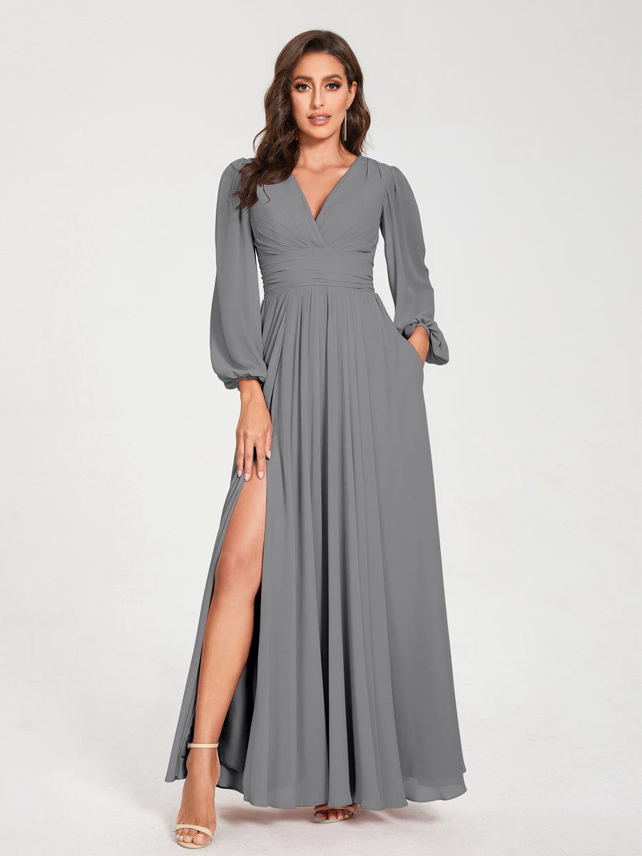 V-Neck A-Line Princess Floor-Length Bridesmaid Dress with Long Sleeves, Side Split & Pockets