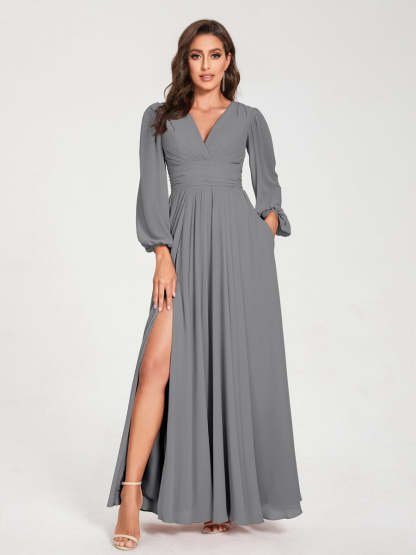 V-Neck A-Line Princess Floor-Length Bridesmaid Dress with Long Sleeves, Side Split & Pockets