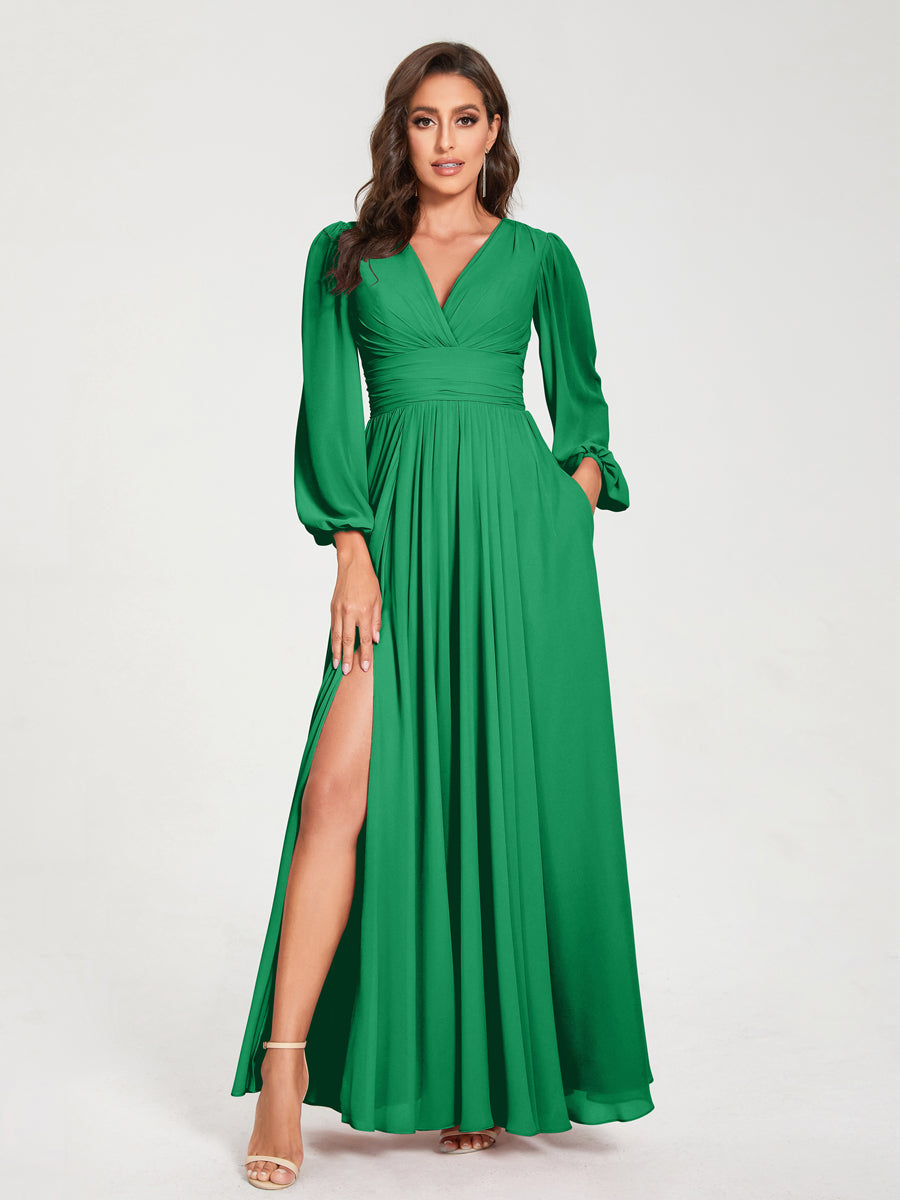 V-Neck A-Line Princess Floor-Length Bridesmaid Dress with Long Sleeves, Side Split & Pockets