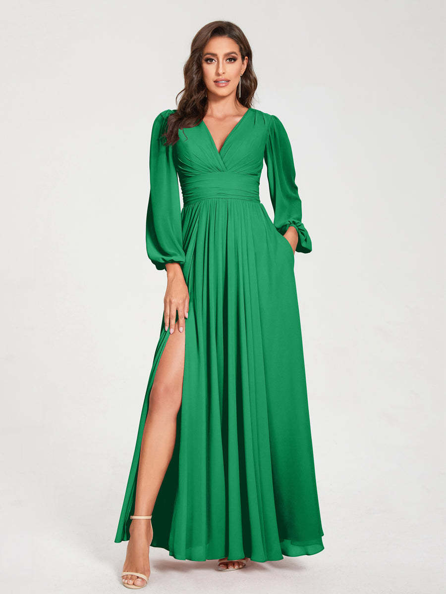 V-Neck A-Line Princess Floor-Length Bridesmaid Dress with Long Sleeves, Side Split & Pockets