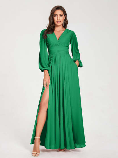 V-Neck A-Line Princess Floor-Length Bridesmaid Dress with Long Sleeves, Side Split & Pockets