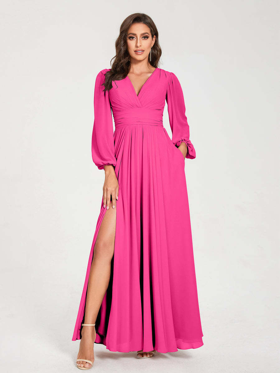 V-Neck A-Line Princess Floor-Length Bridesmaid Dress with Long Sleeves, Side Split & Pockets