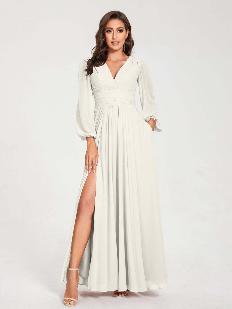 V-Neck A-Line Princess Floor-Length Bridesmaid Dress with Long Sleeves, Side Split & Pockets