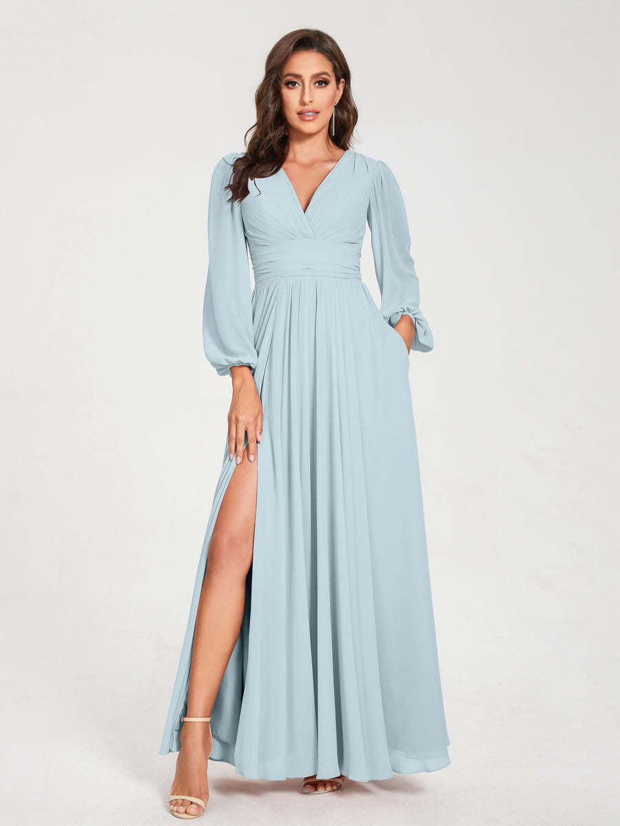V-Neck A-Line Princess Floor-Length Bridesmaid Dress with Long Sleeves, Side Split & Pockets