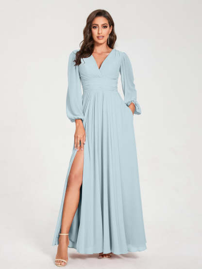 V-Neck A-Line Princess Floor-Length Bridesmaid Dress with Long Sleeves, Side Split & Pockets