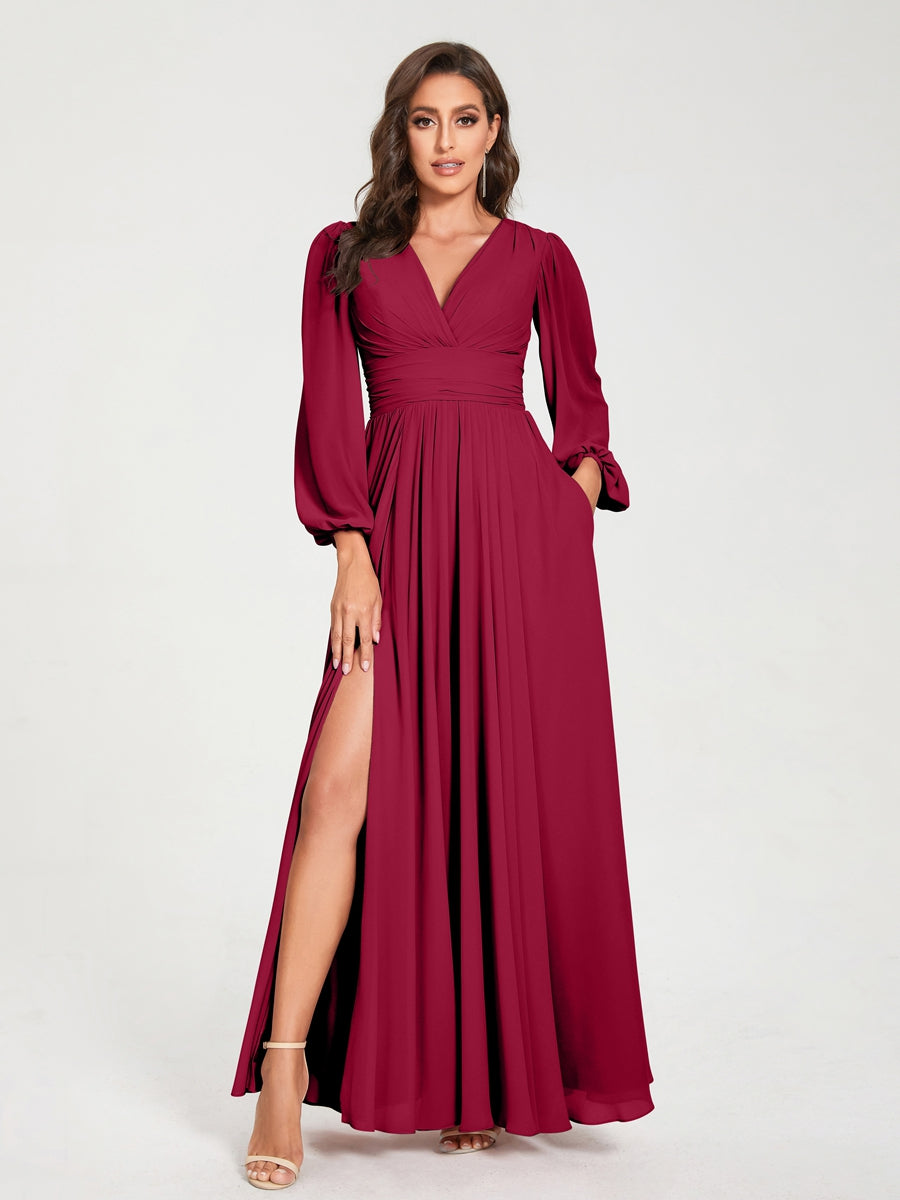 V-Neck A-Line Princess Floor-Length Bridesmaid Dress with Long Sleeves, Side Split & Pockets