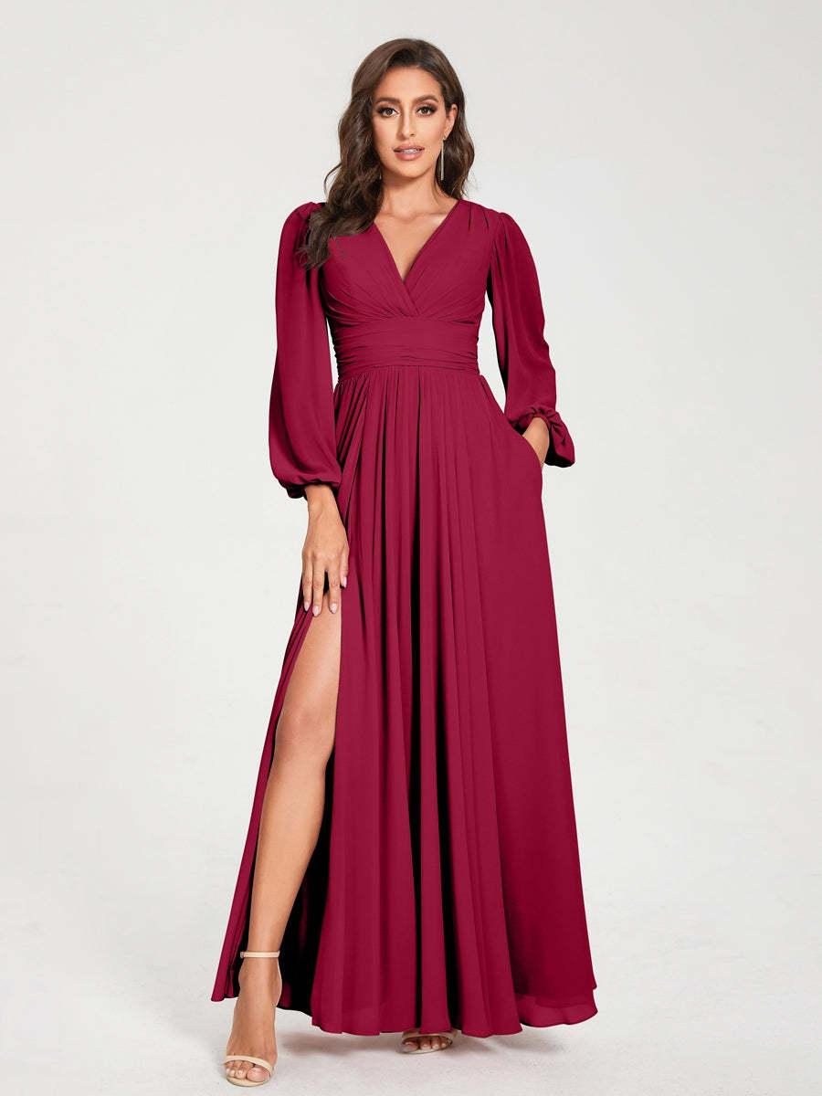V-Neck A-Line Princess Floor-Length Bridesmaid Dress with Long Sleeves, Side Split & Pockets