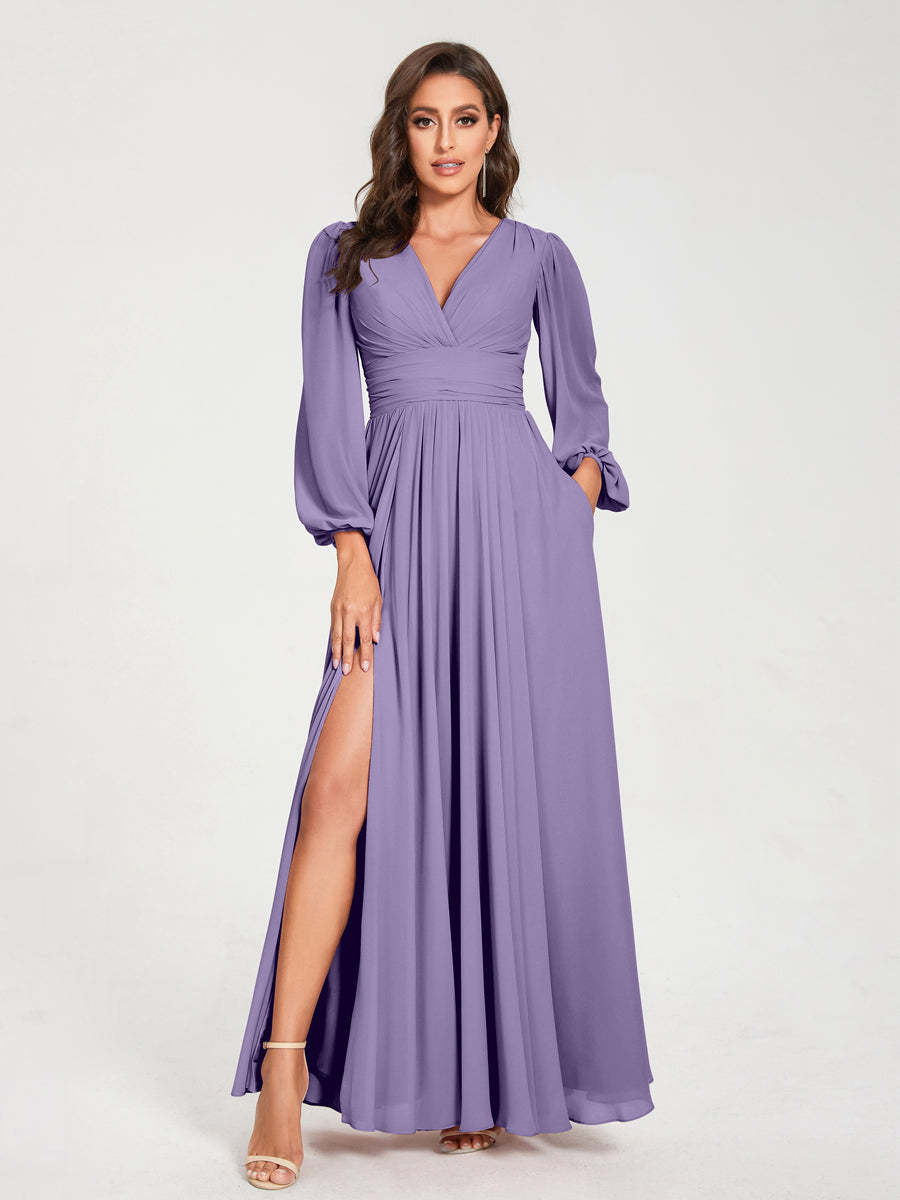 V-Neck A-Line Princess Floor-Length Bridesmaid Dress with Long Sleeves, Side Split & Pockets