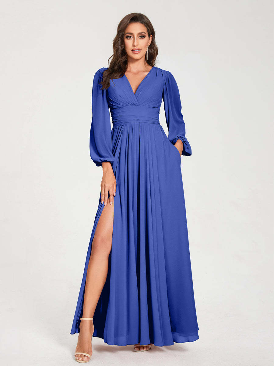 V-Neck A-Line Princess Floor-Length Bridesmaid Dress with Long Sleeves, Side Split & Pockets