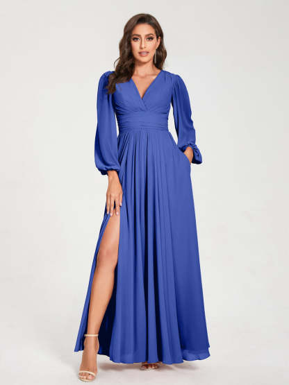 V-Neck A-Line Princess Floor-Length Bridesmaid Dress with Long Sleeves, Side Split & Pockets