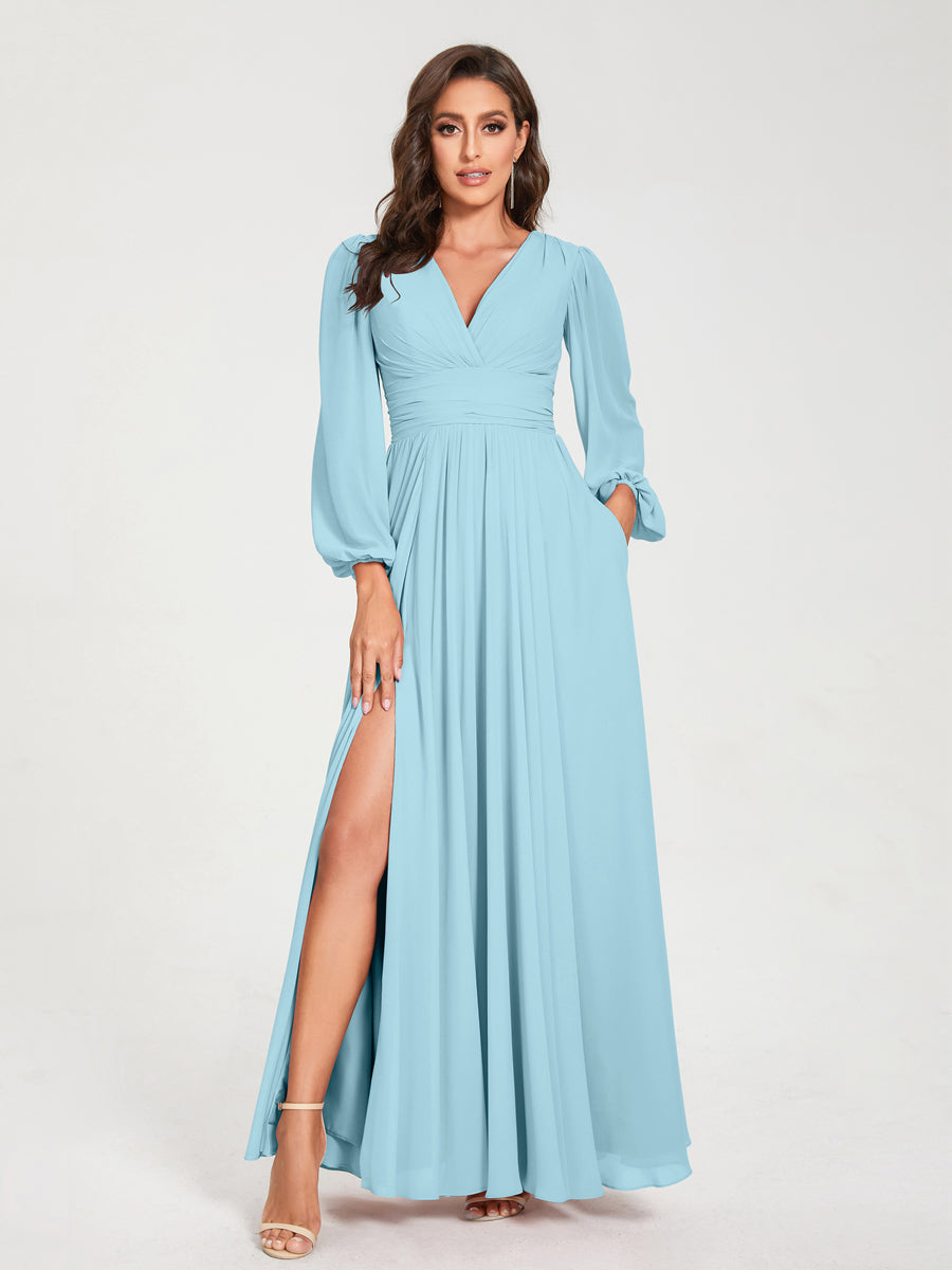 V-Neck A-Line Princess Floor-Length Bridesmaid Dress with Long Sleeves, Side Split & Pockets
