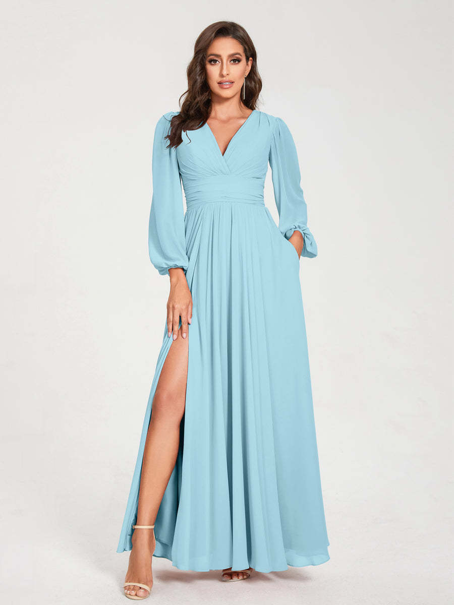 V-Neck A-Line Princess Floor-Length Bridesmaid Dress with Long Sleeves, Side Split & Pockets