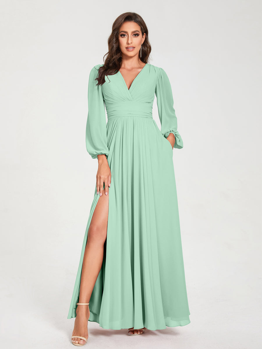 V-Neck A-Line Princess Floor-Length Bridesmaid Dress with Long Sleeves, Side Split & Pockets