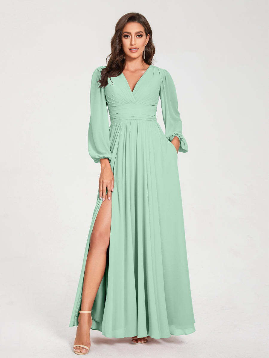 V-Neck A-Line Princess Floor-Length Bridesmaid Dress with Long Sleeves, Side Split & Pockets