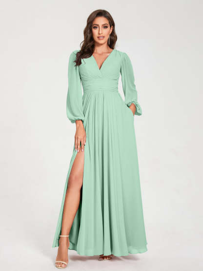 V-Neck A-Line Princess Floor-Length Bridesmaid Dress with Long Sleeves, Side Split & Pockets