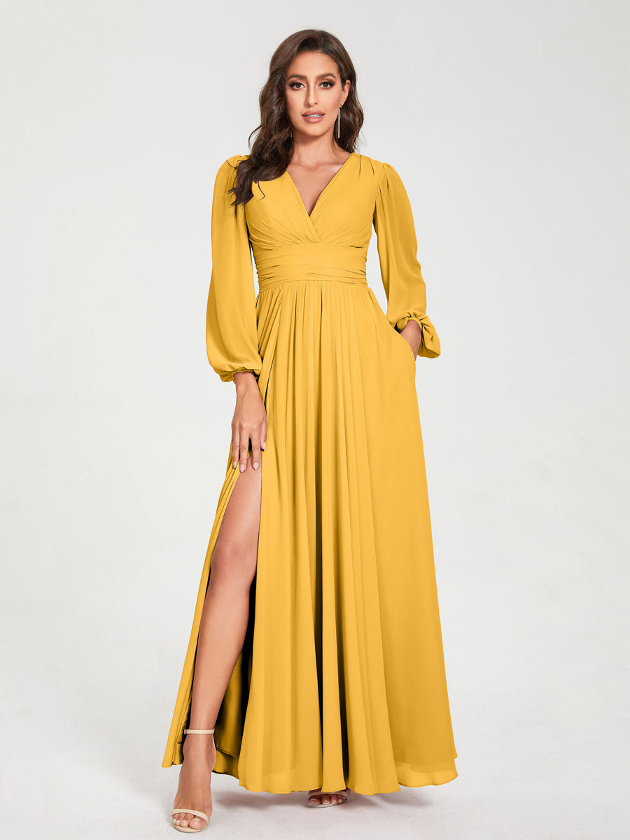 V-Neck A-Line Princess Floor-Length Bridesmaid Dress with Long Sleeves, Side Split & Pockets