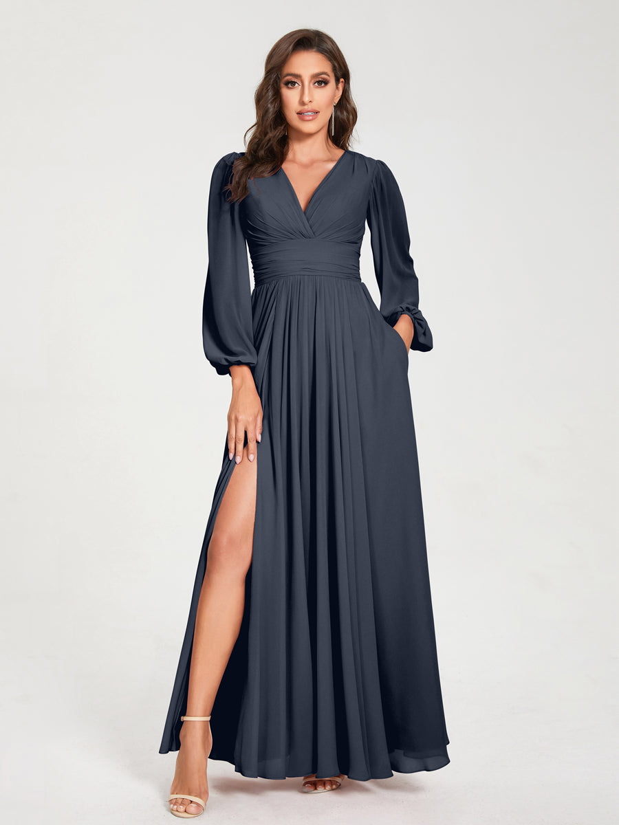 V-Neck A-Line Princess Floor-Length Bridesmaid Dress with Long Sleeves, Side Split & Pockets