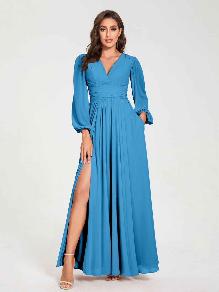 V-Neck A-Line Princess Floor-Length Bridesmaid Dress with Long Sleeves, Side Split & Pockets