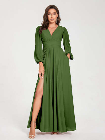 V-Neck A-Line Princess Floor-Length Bridesmaid Dress with Long Sleeves, Side Split & Pockets