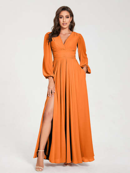 V-Neck A-Line Princess Floor-Length Bridesmaid Dress with Long Sleeves, Side Split & Pockets
