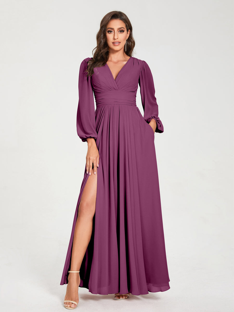 V-Neck A-Line Princess Floor-Length Bridesmaid Dress with Long Sleeves, Side Split & Pockets