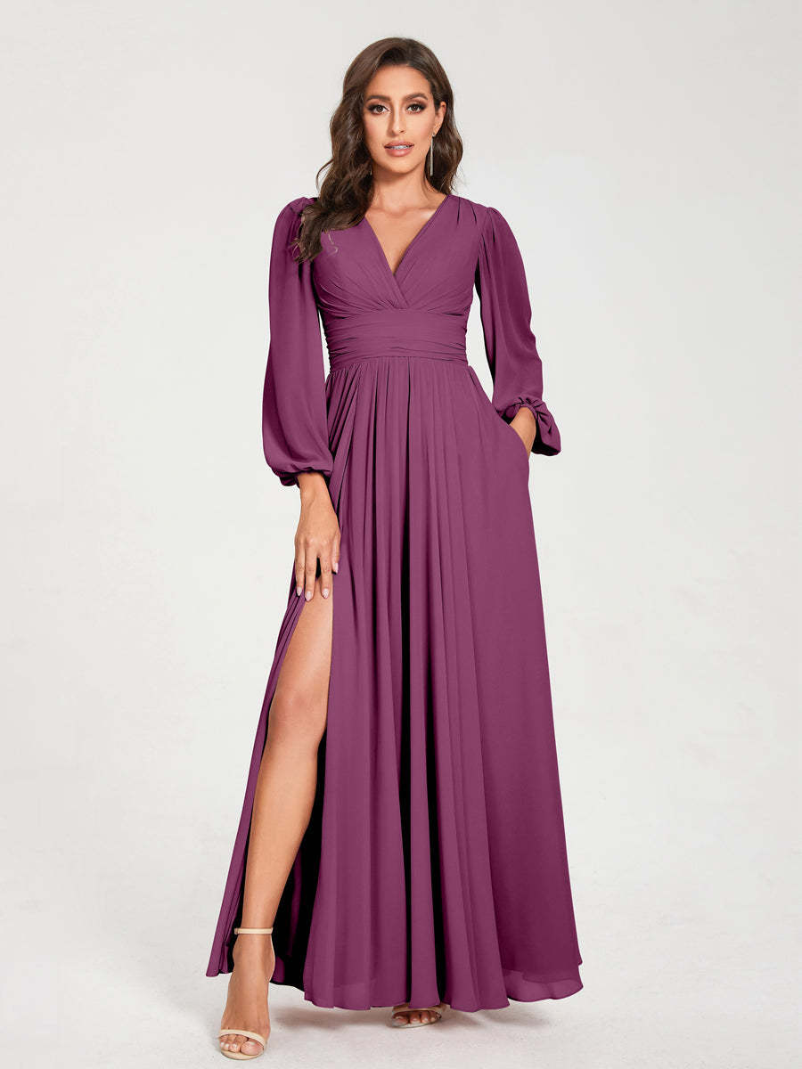 V-Neck A-Line Princess Floor-Length Bridesmaid Dress with Long Sleeves, Side Split & Pockets