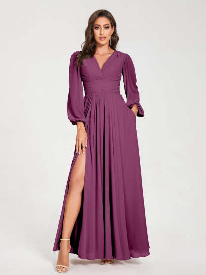 V-Neck A-Line Princess Floor-Length Bridesmaid Dress with Long Sleeves, Side Split & Pockets