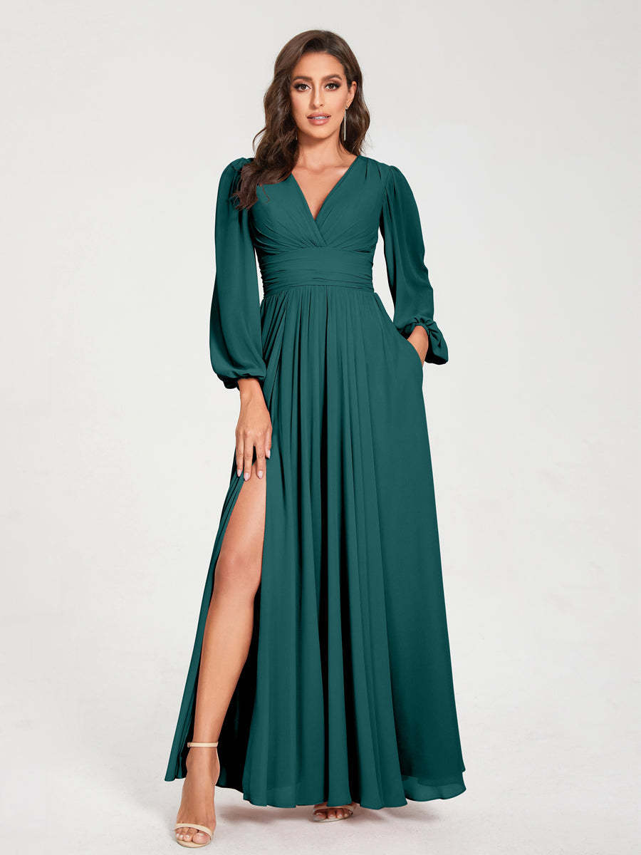 V-Neck A-Line Princess Floor-Length Bridesmaid Dress with Long Sleeves, Side Split & Pockets