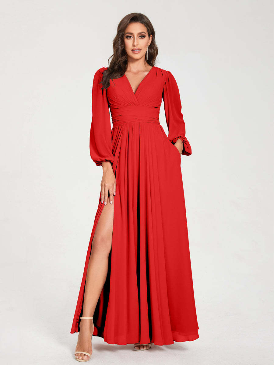V-Neck A-Line Princess Floor-Length Bridesmaid Dress with Long Sleeves, Side Split & Pockets