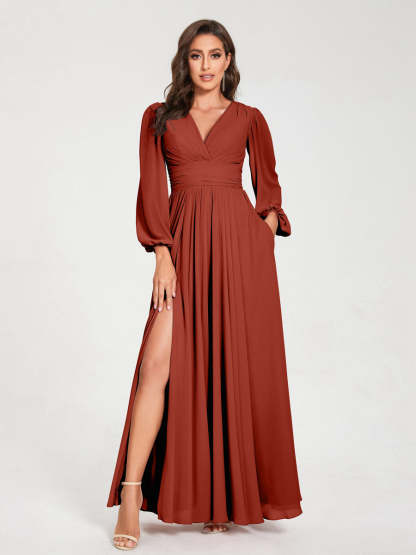 V-Neck A-Line Princess Floor-Length Bridesmaid Dress with Long Sleeves, Side Split & Pockets