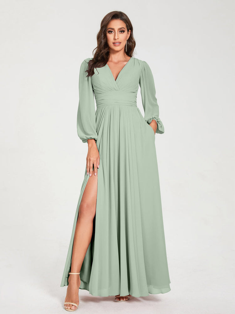 V-Neck A-Line Princess Floor-Length Bridesmaid Dress with Long Sleeves, Side Split & Pockets