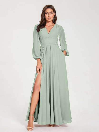 V-Neck A-Line Princess Floor-Length Bridesmaid Dress with Long Sleeves, Side Split & Pockets