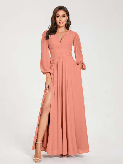 V-Neck A-Line Princess Floor-Length Bridesmaid Dress with Long Sleeves, Side Split & Pockets