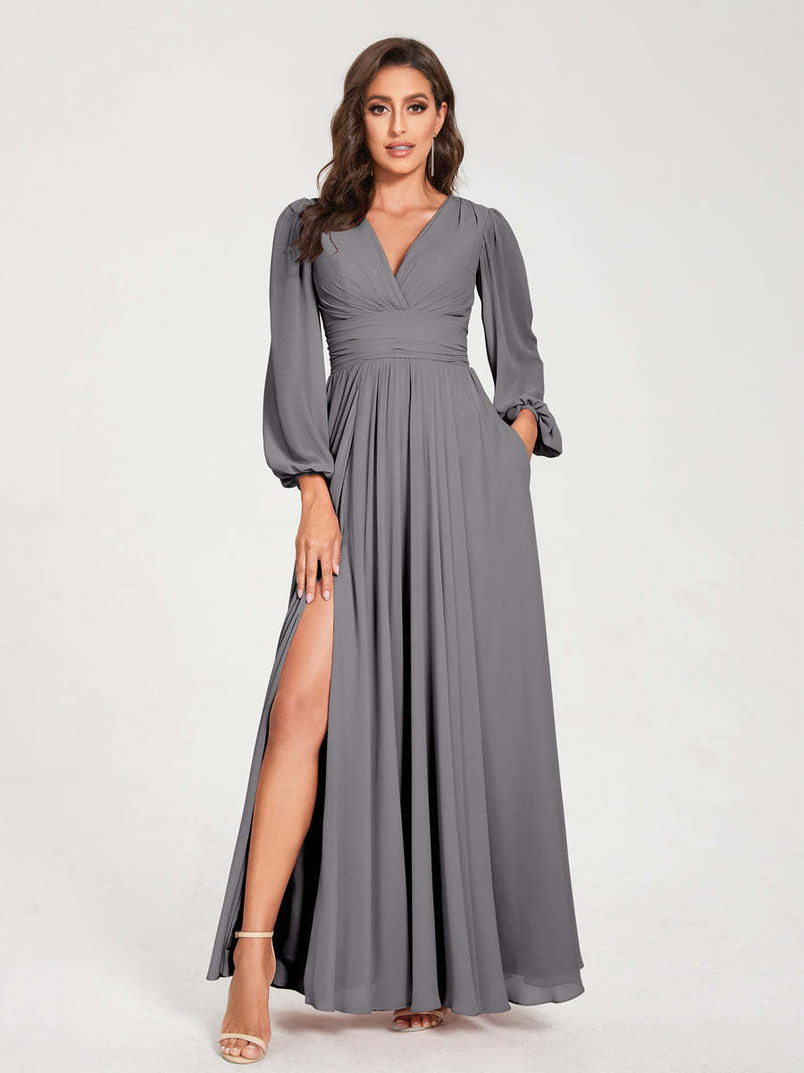V-Neck A-Line Princess Floor-Length Bridesmaid Dress with Long Sleeves, Side Split & Pockets