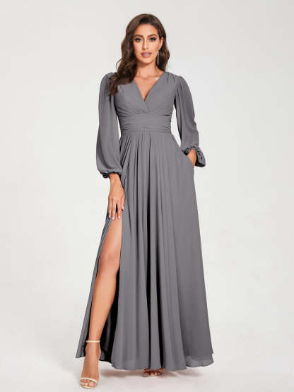 V-Neck A-Line Princess Floor-Length Bridesmaid Dress with Long Sleeves, Side Split & Pockets